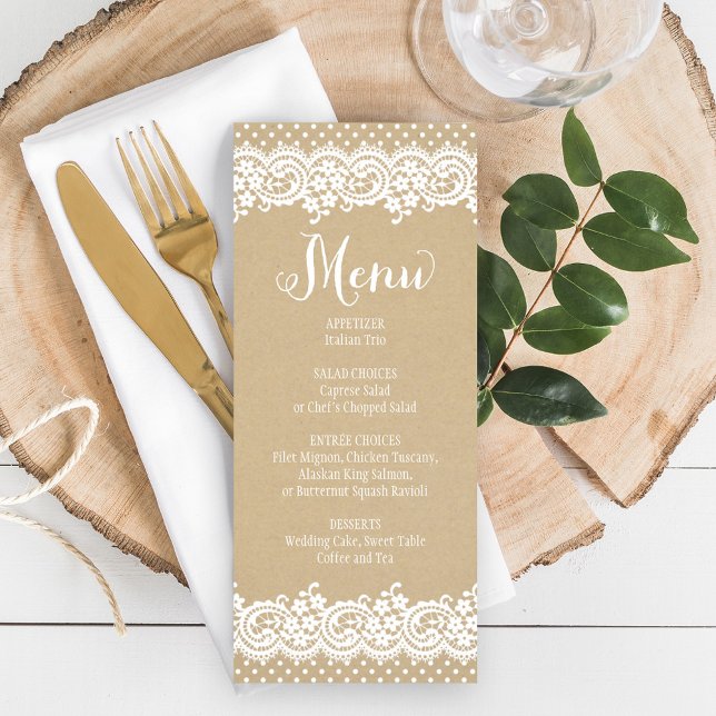 Menu Dîner de mariage Rustique Kraft et dentelle (Créateur téléchargé)