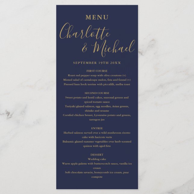 Menu Dîner de mariage signature bleu marine et or (Devant)