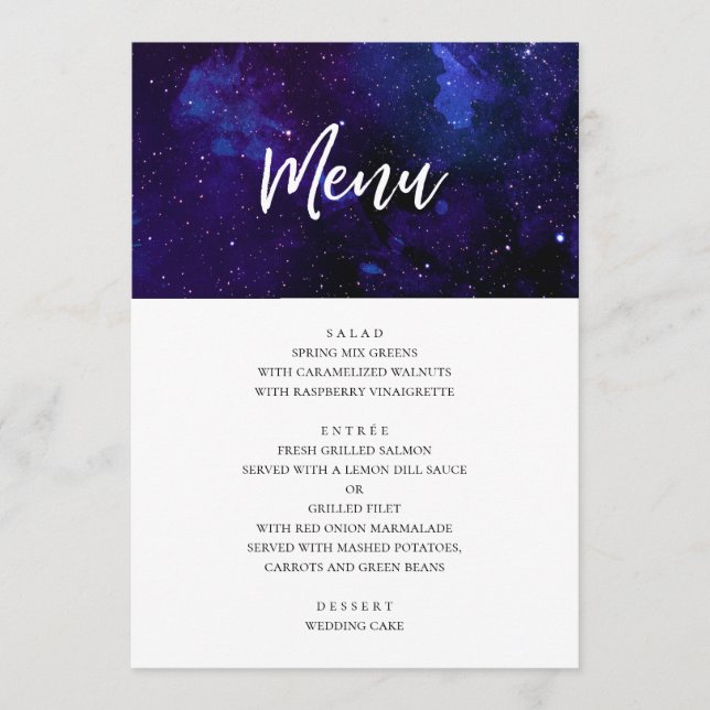 Menu Dîner de mariage spatial. Étoiles de nuit. Marine  (Devant)