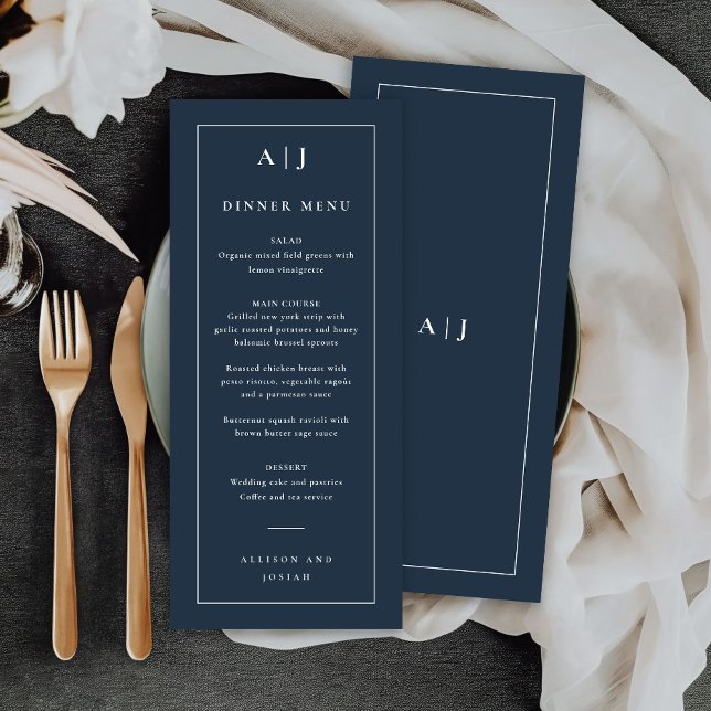 Menu Dîner de monogramme de mariage classique (Classic navy blue wedding monogram dinner or bar menu.)
