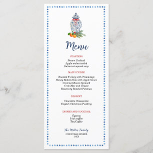 Menu Dîner de Noël bleu et blanc Ginger Jar