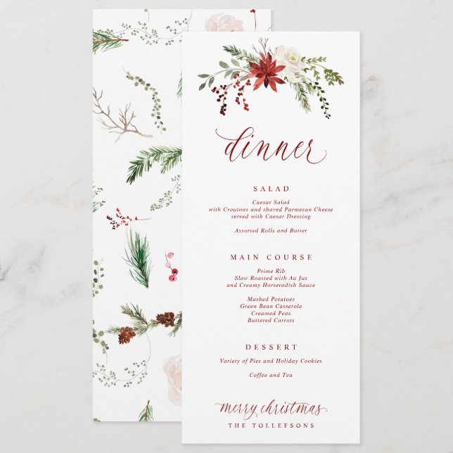 Menu Dîner de Noël élégant à l'aquarelle festive (Devant / Derrière)