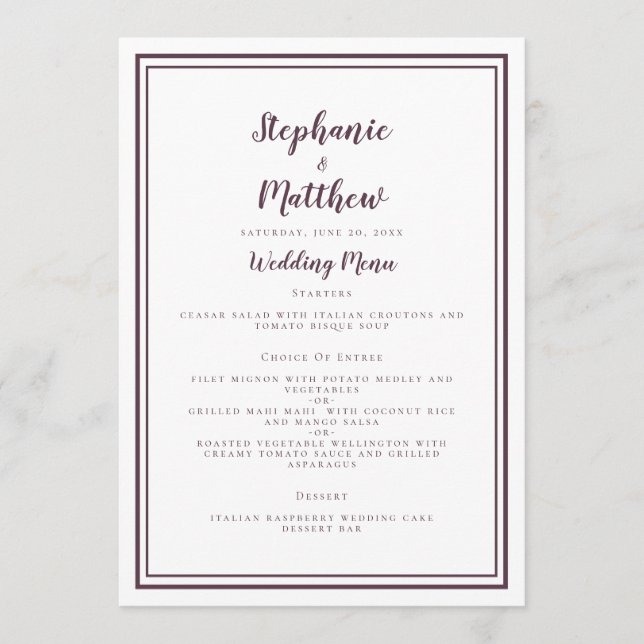 Menu Dîner de réception de mariage avec cadre prune (Devant)