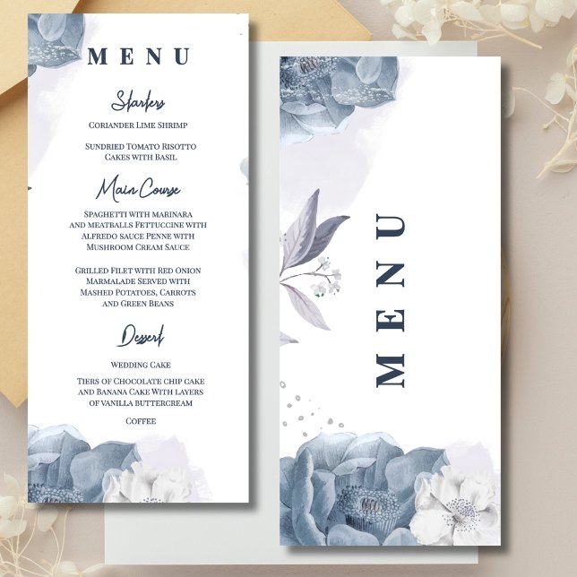 Menu Dîner de réception de mariage romantique bleu pous (Dusty Blue Romantic Floral Wedding Menu Card | Elegant Reception Menu)