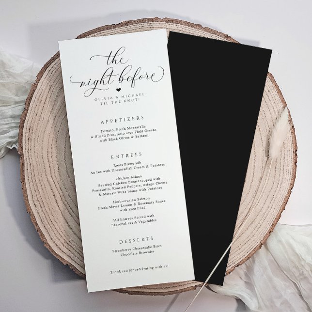 Menu Dîner de répétition de mariage de calligraphie élé (Rehearsal dinner menus with elegant luxury calligraphy script. The night before menus)