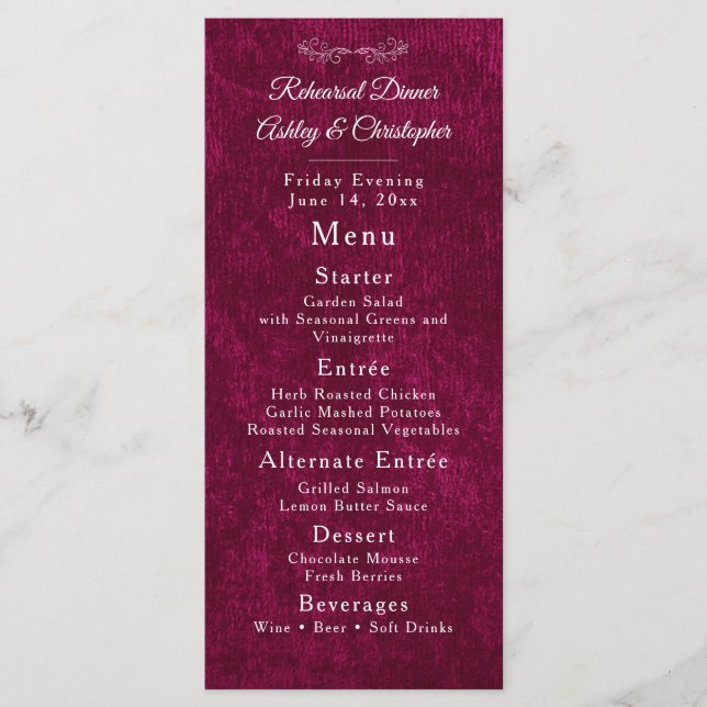 Menu Dîner de répétition élégant en velours bordeaux bl (Devant)