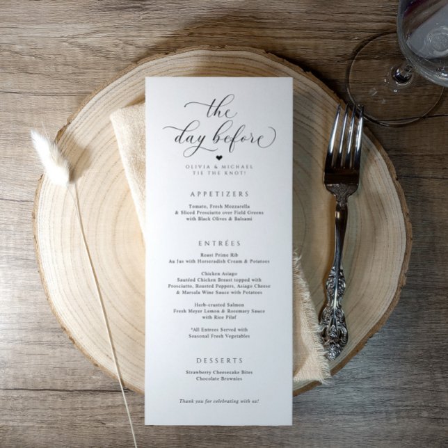 Menu Dîner de répétition élégant la veille du mariage (Elegant “The Day Before” rehearsal dinner menu with swirly script and modern typography.)