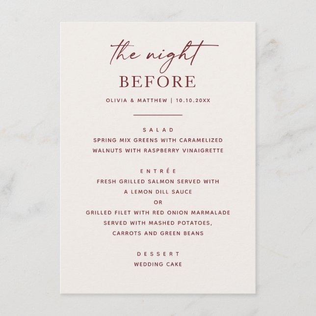 Menu Dîner de répétition en ivoire doux | Mariage éléga (Devant)