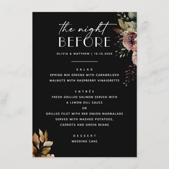 Menu Dîner de répétition floral noir | Mariage élégant (Devant)