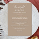 Menu Dîner de répétition | La Nuit Avant Le Beige Fumé<br><div class="desc">Réglez un ton raffiné pour "La Nuit Avant" avec cet élégant menu de dîners de répétition dans une palette taupe douce. Conçue pour les couples qui aiment les lignes épurées et la simplicité moderne, cette carte au menu minimaliste beige fumée est parfaite pour des soirées mariage neutres, contemporaines ou aux...</div>
