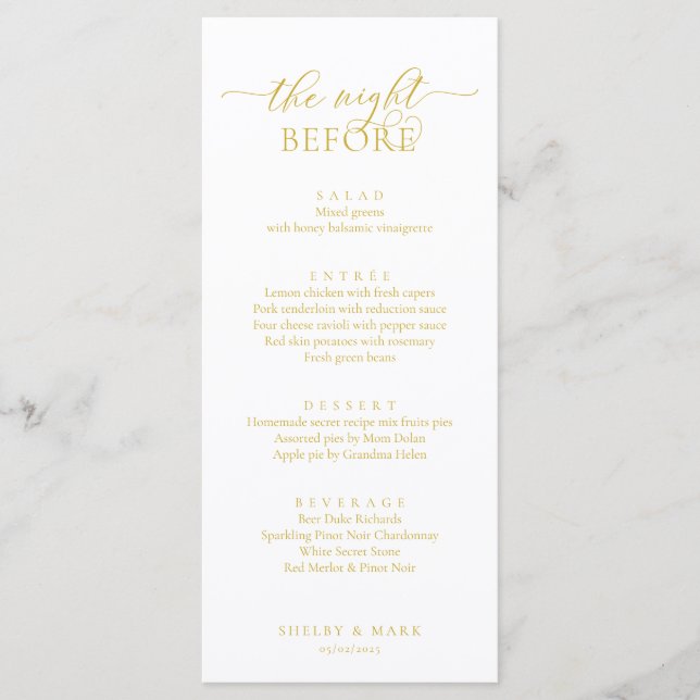 Menu Dîner de répétition mariage, Or Jaune Romantique (Devant)
