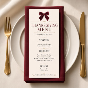 Menu Dîner de Thanksgiving avec un nœud en velours bord