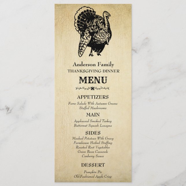 Menu Dîner de Thanksgiving de dinde vintage (Devant)