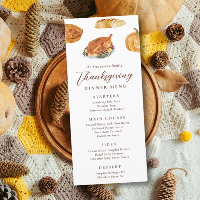 Menu Dîner de Thanksgiving dinde & tarte aquarelle rust (Créateur téléchargé)