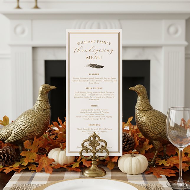 Menu Dîner de Thanksgiving Élégant Plume de Faisan d'Au (Créateur téléchargé)