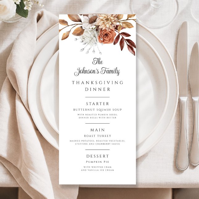 Menu Dîner de Thanksgiving en famille avec feuilles d'a (Autumn Fall Leaves Family Thanksgiving Dinner Menu)