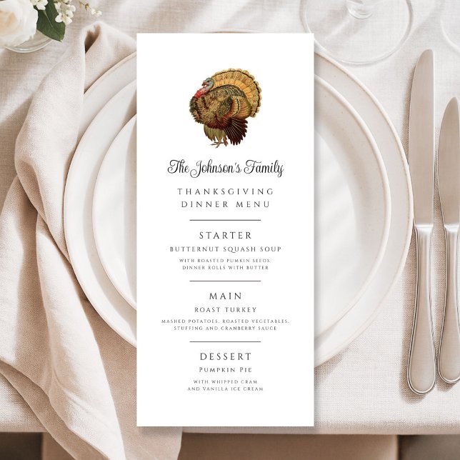 Menu Dîner de Thanksgiving familial vintage de dinde (Vintage Turkey Family Thanksgiving Dinner Menu)