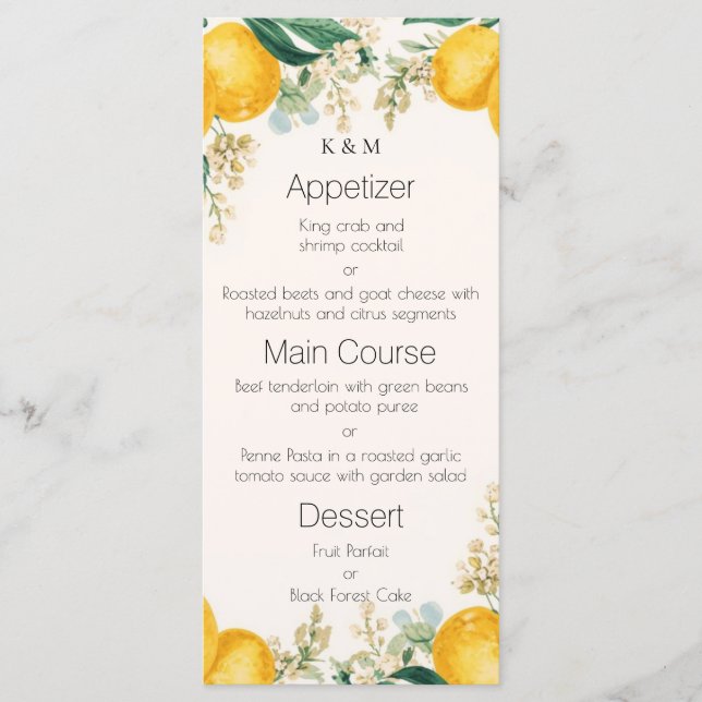 Menu Dîner élégant aux citrons et fleurs à l'aquarelle (Devant)