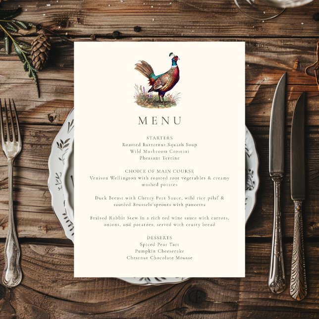 Menu Dîner élégant de chasse automnale au faisan rustiq (Créateur téléchargé)