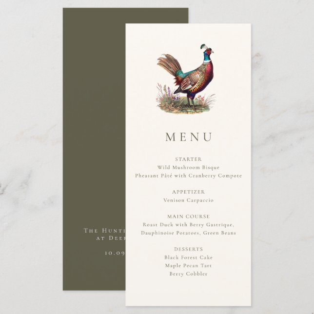 Menu Dîner élégant de chasse automnale au faisan rustiq (Devant / Derrière)