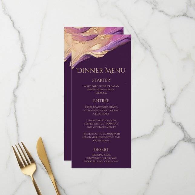 Menu Dîner et bar Mariage moderne violet et or (Devant/Arrière en situation)