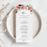 Menu Dîner floral d'été coloré tropical<br><div class="desc">Cette carte tropicale colorée à la carte pour le dîner à fleurs d'été est parfaite pour un mariage moderne. Le design présente des fleurs élégantes illustrées blanches, roses, rousses, bordeaux et violettes disposées en de beaux bouquets avec feuillage vert. Ce menu peut être utilisé pour une réception de mariage, un...</div>