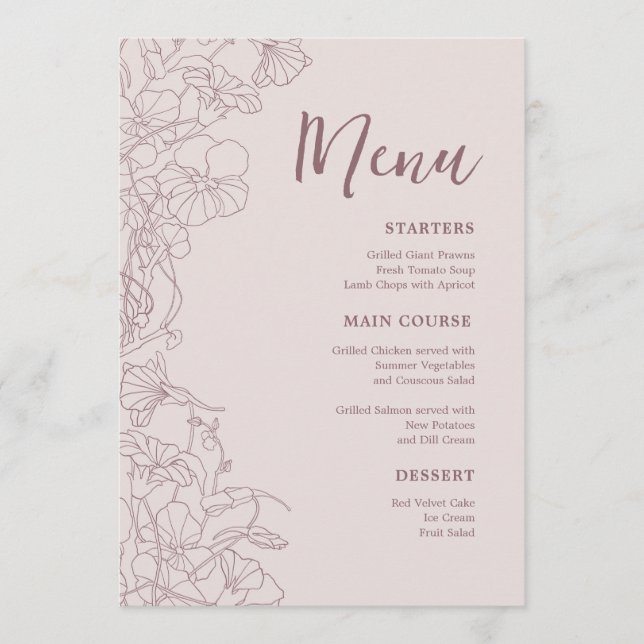 Menu Dîner Floral Rose Mauve (Devant)