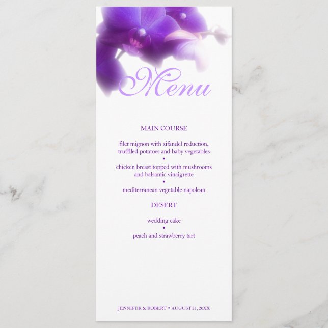 Menu Dîner Floral violet orchidée Mariage (Devant)
