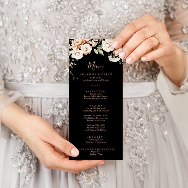 Menu Dîner Formel Royal Floral Noir (Créateur téléchargé)