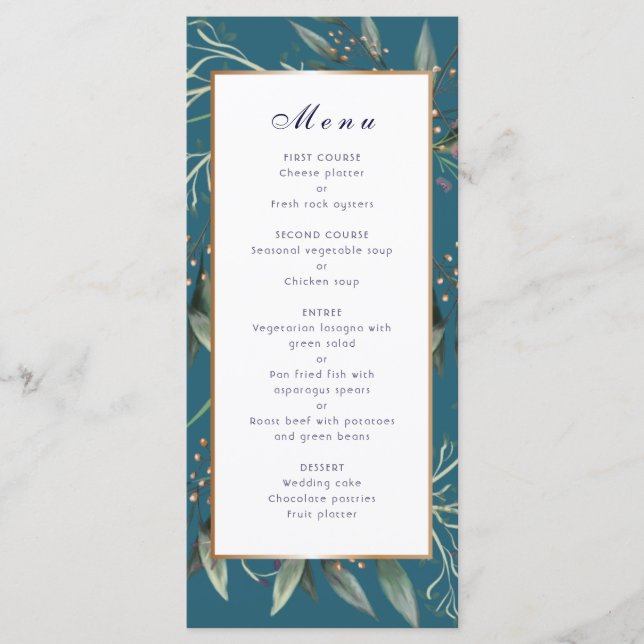 Menu dîner mariage cadre turquoise feuille or élég (Devant)