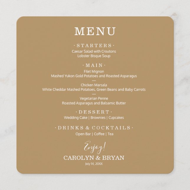Menu Dîner Mariage Carré or simple et élégant (Devant)