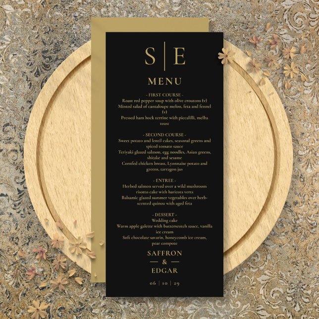 Menu Dîner Mariage Élégant Monogramme Noir Et Or (Elegant Black And Gold Monogram Wedding Dinner Menu)