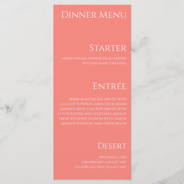 Menu Dîner mariage et Bar Menu-Corail rose- (Devant)