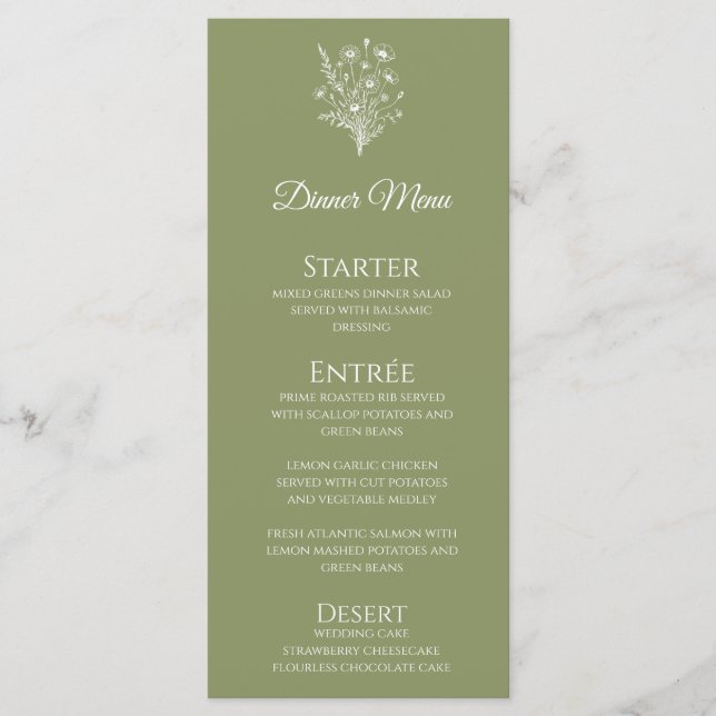 Menu Dîner mariage et Bar Menu-Fleur sauvage Élégance (Devant)