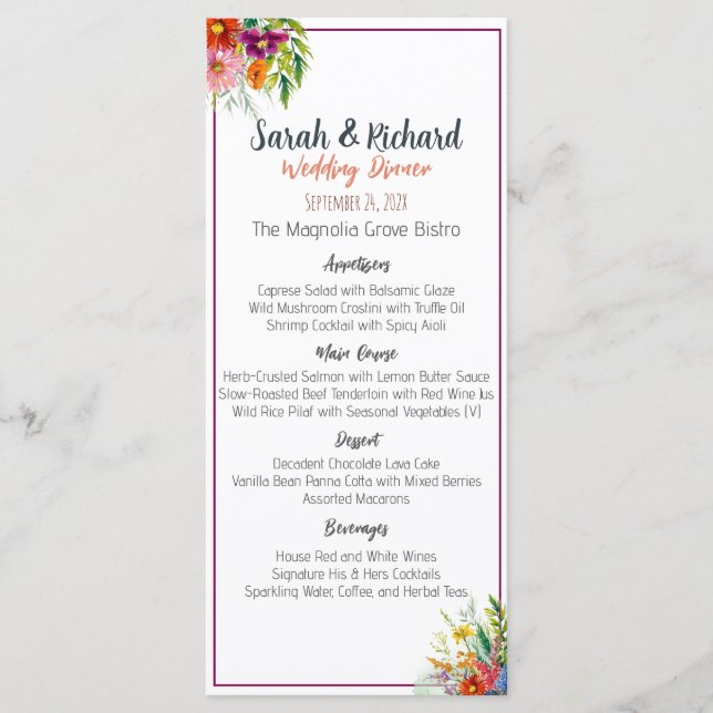 Menu Dîner Mariage fleur sauvage (Devant)