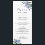 Menu Dîner Mariage Floral Bleu<br><div class="desc">Elégante carte de menu du dîner à mariage floral avec aquarelle illustration de fleurs de pivoines bleues avec verdure.</div>