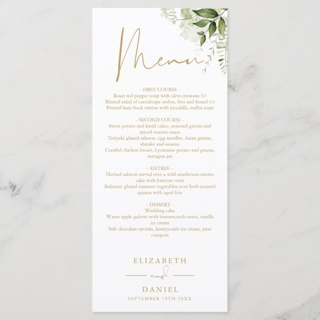 Menu Dîner Mariage Floral Gold Monogram (Devant)