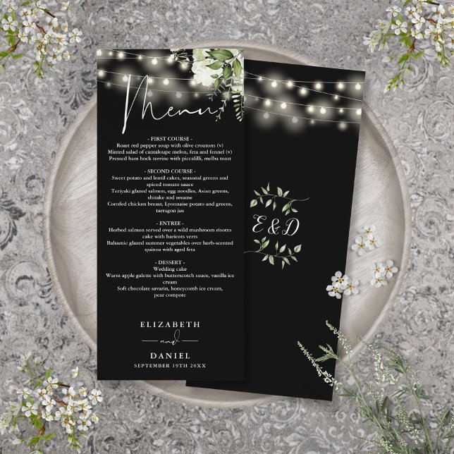 Menu Dîner Mariage Floral Noir Et Blanc (Black And White Floral Lights Wedding Dinner Menu)