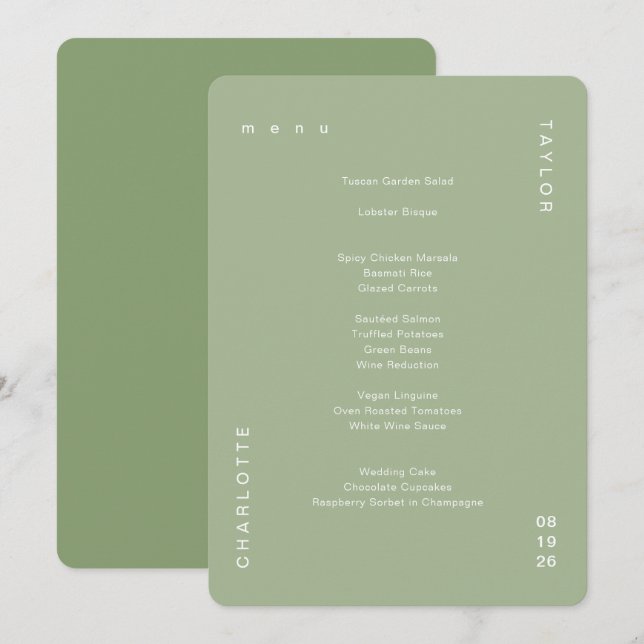 Menu Dîner Mariage minimaliste Vert Sage (Devant / Derrière)