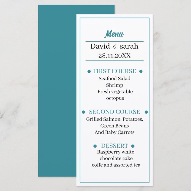 Menu Dîner Mariage personnalisé bleu (Devant / Derrière)