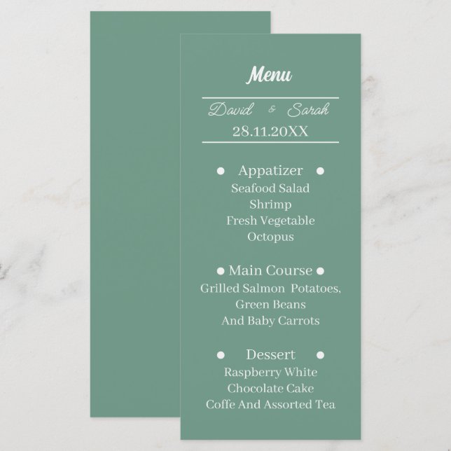 Menu Dîner Mariage personnalisé vert simple (Devant / Derrière)