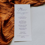 Menu Dîner Mariage Plum Purple Calligraphie<br><div class="desc">Cette délicate carte de menu mariage de calligraphie prune violette est parfaite pour un mariage moderne. Le design minimaliste romantique présente une belle et élégante typographie violet foncé sur un arrière - plan blanc à l'allure simple et propre. Ce menu peut être utilisé pour une réception de mariage, un dîner...</div>