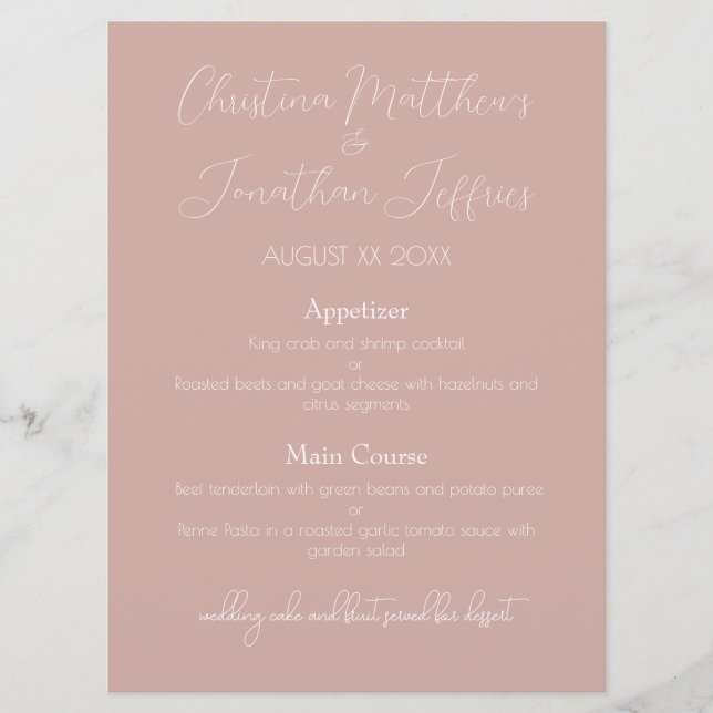 Menu Dîner Mariage Rose moderne et élégant (Devant)