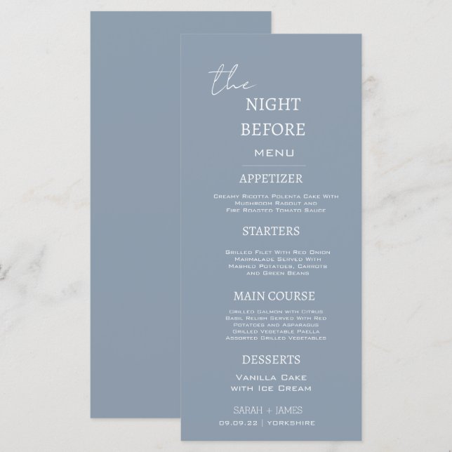 Menu Dîner Minimal Dusty Bleu La Nuit Avant (Devant / Derrière)