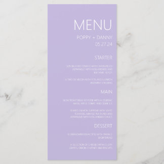 Menu Dîner moderne Pastel Purple Mariage