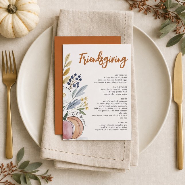 Menu Dîner Potluck Friendsgiving Aquarelle Moderne (Créateur téléchargé)