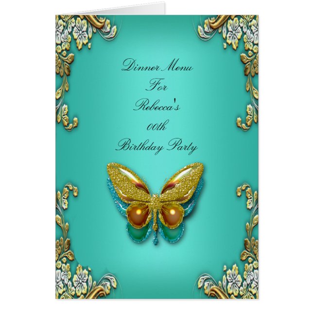 Menu Dinner Card Gold Turquoise Blue Butterfly (Devant)