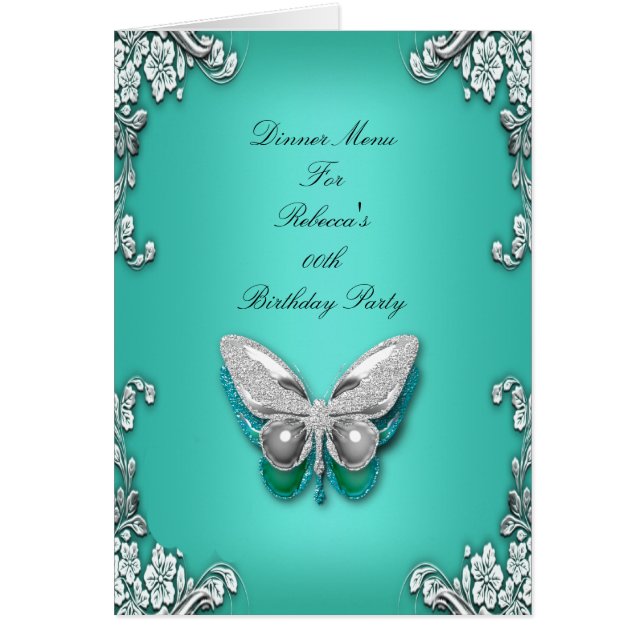 Menu Dinner Card Silver Turquoise Blue Butterfly (Devant)