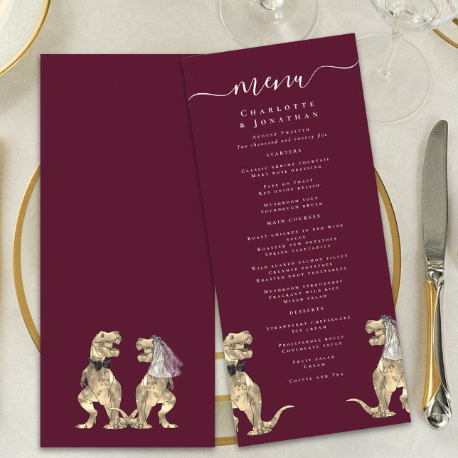 Menu Dinosaur Thème Mariage Bourgogne & Crème (Dinosaur destination wedding menu burgundy & cream modern elegant script T-Rex din bride & groom)