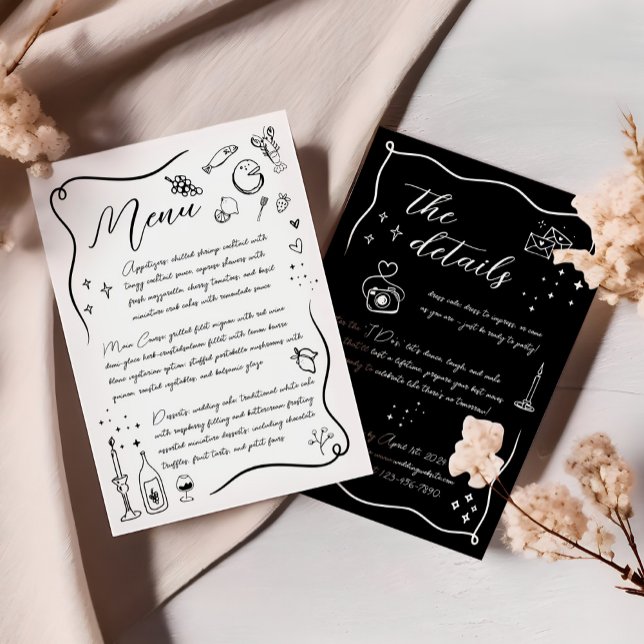 Menu Doodle italien à main Mariage noir et blanc (Créateur téléchargé)